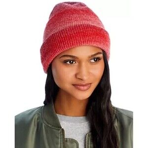 AQUA Beanie Hat Womens Red Ombre Stripe Space Dye Ribbed Cuff Stretch $68